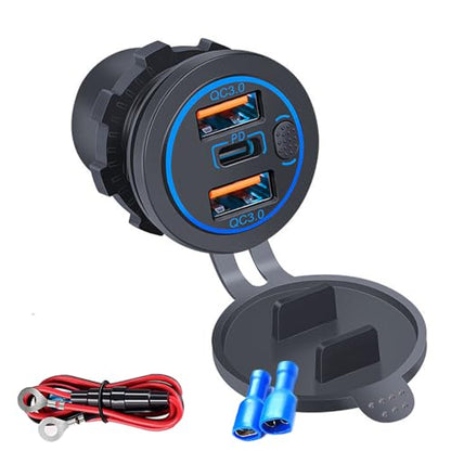 3 Ports 18W USB Car Charger with Switch, 12-24V Dual QC 3.0 USB & PD USB C Cigarette Lighter Socket Outlet, Dashboard Mount Quick Charge Charger for Car Motorcycle Truck Marine Boat,Blue Light - color: Blue Light