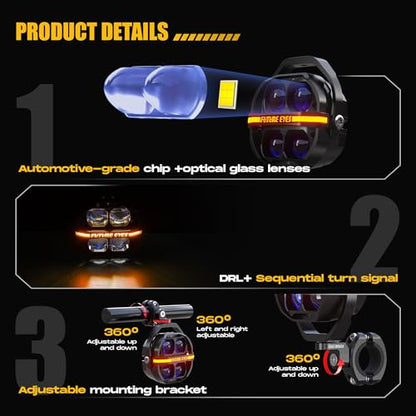 Future Eyes Motorcycle Driving Lights – 180W LED Fog Lights with Amber & White Beams, Waterproof Auxiliary Spotlights with DRL, Strobe, Signal, for Night Riding Off-Road UTV ATV