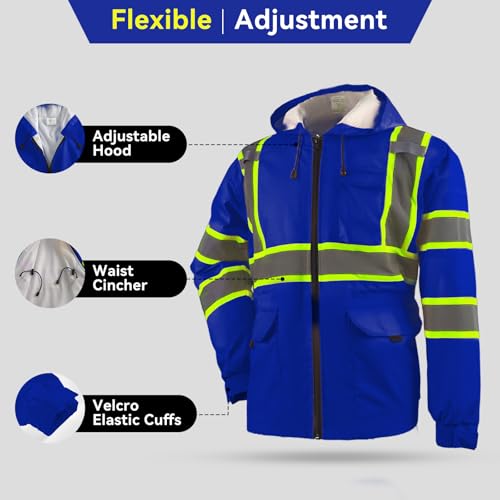 KARXICIY ZUJA Hi Vis Reflective Safety Jacket for Men Women Construction Jacket with Hood High Visibility Safety Rain Jacket - color: Blue, size: Small