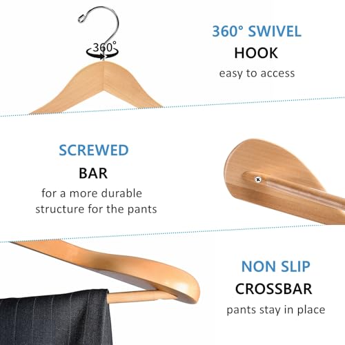 Amber Home 6 Pack Wide Shoulder Wooden Suit Hangers, Natural Wood Coat Hangers with Non Slip Pants Bar, Clothes Hangers for Jackets, Sweaters, Pants & Heavy Clothes (Natural, 6 Pack) - size: Natural