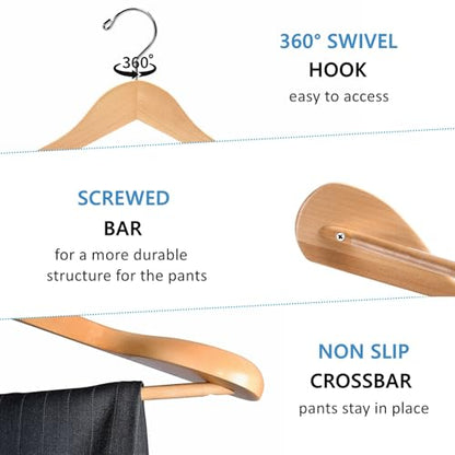 Amber Home 6 Pack Wide Shoulder Wooden Suit Hangers, Natural Wood Coat Hangers with Non Slip Pants Bar, Clothes Hangers for Jackets, Sweaters, Pants & Heavy Clothes (Natural, 6 Pack) - size: Natural