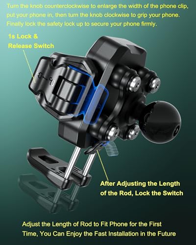 BRCOVAN Anti-Theft Phone Mount Holder with Vibration Dampener, 1s Locking | Don't Block Camera, with Aluminum Medium Arm & Square Base, for Car Boat Truck Motorcycle UTV, Fit 5.4-7.2'' Smartphones