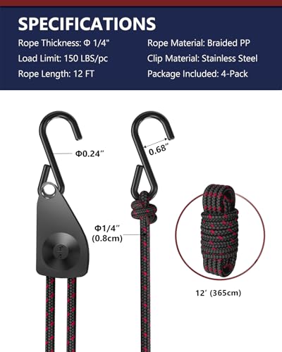 VIPARSPECTRA Ratchet Tie Down Straps, 1/4" Adjustable Rope Hangers [4 Pack, 12FT, 150 lbs/Pack], Heavy Duty Kayak Pulley System with Hooks for Garage Cargo Trucks Tents Grow Lights Various Lashing - size: 1/4" 4-Pack