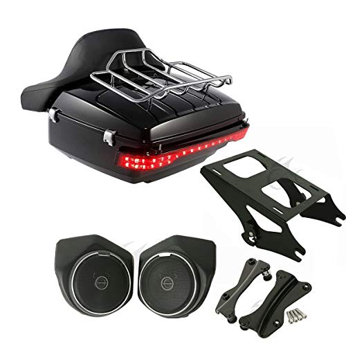 SLMOTO Tour Trunk 13.7" King Trunk Backrest Turn Tail LED Light Rear 6.5" Speaker Pods +Detachables Two-Up Tour Trunk Mounting Rack 4 Point Docking Kits Fit for Harley Electra Glide 14-2025 - color: AStyle #02