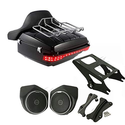SLMOTO Tour Trunk 13.7" King Trunk Backrest Turn Tail LED Light Rear 6.5" Speaker Pods +Detachables Two-Up Tour Trunk Mounting Rack 4 Point Docking Kits Fit for Harley Electra Glide 14-2025 - color: AStyle #02