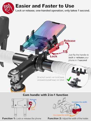 Tiakia Bike Phone Mount Holder, Aluminum Motorcycle Phone Mount, Handlebar Mounted Cell Phone Holder for Bike, 360° Rotation, Universal Bicycle Phone Mount for 4.5-7 Inch Phones - color: Black Red
