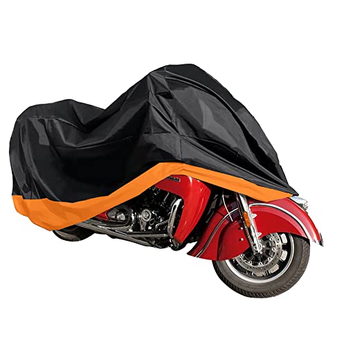 Motorcycle Cover - Universal Motorcycle Protector with Lock-Holes and Storage Bag Season - Waterproof Sun Rain Dust Outdoor Protection - Compatible with Different Motorcycle Model - color: Black&Orange, size: XXXL(116"*43*55inch)