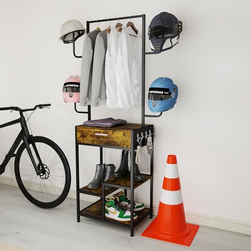uyoyous Motorcycle Helmet Holder, Helmet Stand, Large Standing Helmet Holder, Metal Motorcycle Helmet Storage Rack with Drawer for Jacket, Hats, Multifunctional Helmet Rack, Motorcycle Accessories