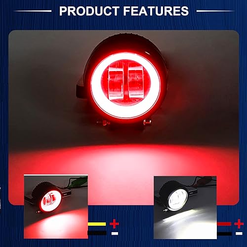 Ourbest Motorcycle Fog Lights with Switch,3inch Motorcycle auxiliary lights, Halo Round led lights, luces exploradoras para moto pair(White Beam with Red Ring)