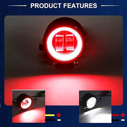 Ourbest Motorcycle Fog Lights with Switch,3inch Motorcycle auxiliary lights, Halo Round led lights, luces exploradoras para moto pair(White Beam with Red Ring)