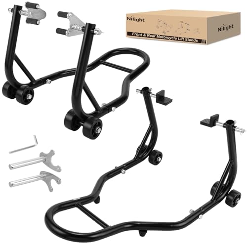 Nilight Universal Motorcycle Stand Lift 850lbs Front Rear Combo Stand Lift Stand Front Wheel Fork Stand Rear U+L Fork Swingarm Spool Stand for Most Yamaha Honda Kawasaki Suzuki Motorcycles - color: Motorcycle Front & Rear Stand Lift