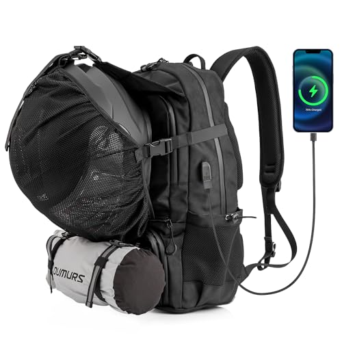 Oumurs Motorcycle Backpack 50L, Waterproof 1680D Oxford Fabric, Expandable, Motorbike Helmet Bag, Reflective, Helmet Strap, USB, Large Capacity, Laptop Rucksack, Long Distance Travel Backpack, Black - color: Black