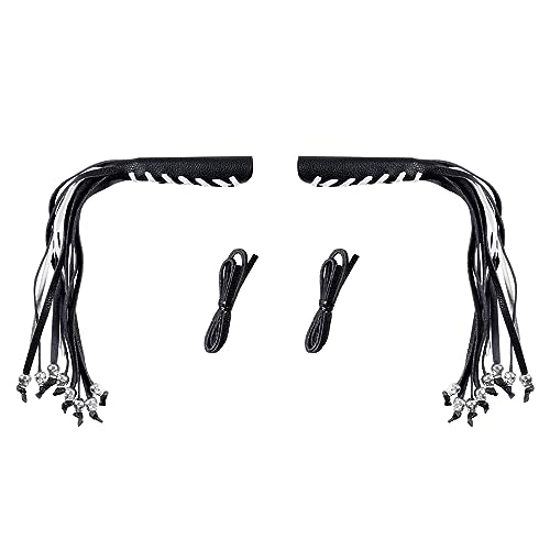 Motorcycle Lever Cover PU Leather Fringed Brake Clutch Covers Universal Grip Tassels Motorcycle Handlebar Covers with Skull Beads - color: Black with White Strap