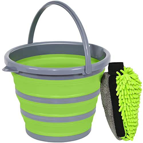 Collapsible Bucket with 3-in-1 Car Wash Mitt, Coral Velvet + Weave + Chenille Microfiber Glove Sponge, 10L (2.6 Gallon) Portable Folding Basin Pail for Household Cleaning