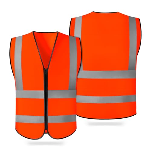 CHGANG Safety Vest, Reflective Hi Vis Vest with Zipper, High Visibility vest for Construction, Traffic - color: Orange