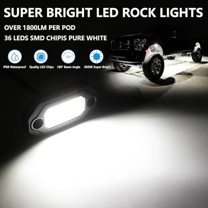 4 Pods Aluminium Pure White LED Rock Lights, 6500K Super Bright Neon Underglow Lights, IP68 Waterproof for Trucks SUV UTV ATV RZR Car Boats Motorcycle with 15ft Extension Wire - size: 4 Pods
