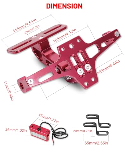 MDPROMCP Universal Motorcycle Fender Eliminator With LED Light CNC Aluminum License Plate Bracket (Red) - size: Red
