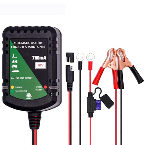 Unocho 12V Battery Charger 750mA Automatic Trickle and Float Maintainer for Lead-Acid Batteries, SAE Quick Disconnect with Clips and Ring Terminals for Motorcycle, Car, ATV, Boat, Lawn Mower