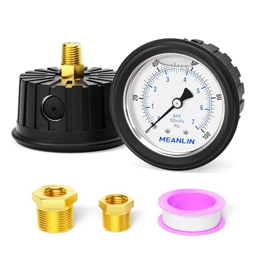 MEANLIN MEASURE 0~100Psi Stainless Steel 1/4" NPT 2.5" FACE DIAL,Liquid Filled Pressure Gauge, Center Back Mount (with Rubber Protective Sleeve), with 1/2" NPT and 3/8" NPT Hex Bushing - size: 0-100Psi
