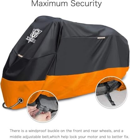 XYZCTEM Motorcycle Cover – All Season Waterproof Outdoor Protection – Precision Fit up to 96.5 Inch Tour Bikes, Choppers and Cruisers – Protect Against Dust, Debris, Rain and Weather(XL,Black& Orange) - size: 96.5"