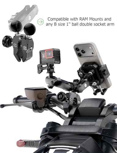LOKTENWO Anti-Theft Dual Double 1" Ball Tough-Claw Mount, Aluminum Handlebar Clamp Fits 0.5"-1.75" Bars, Compatible with RAM B Size Socket Arm, Dual Device Motorcycle ATV GPS Camera Holder Base