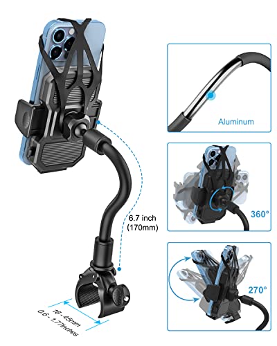 Gooseneck Bike Phone Holder, Motorcycle Phone Mount - Bicycle Handlebar Cell Phone Clip for Electric Scooter, Dirt Mountain Cycling for iPhone 17 Air Pro Max 16 15 14 13 12 11, All Smartphones