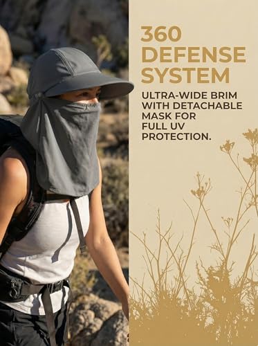 Outdoor Wide Brim Sun Hat Visor for Women, Detachable Face & Neck Cover, Hiking Gardening UPF 50+, Ponytail Friendly - color: Dark Grey