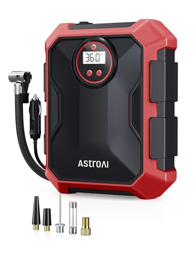 AstroAI Tire Inflator Portable Air Compressor 12V DC 100PSI, Integrated Storage, Digital Gauge, Auto Shut-Off Fast Inflation LED Light, Air Pump for Car Tires Bike Motorcycle Other Inflatables, Red - color: Red