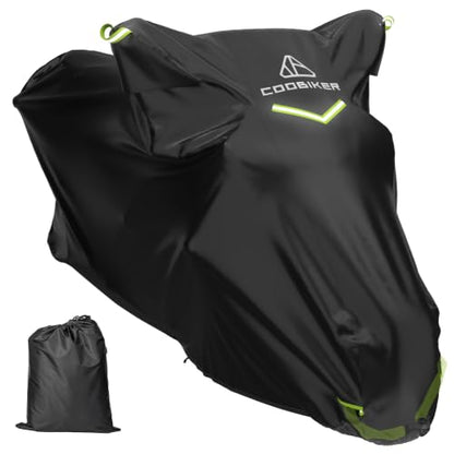Motorcycle Cover 300D Waterproof Outdoor Night Reflective Breathable Vents All Season Rain Sun Dust Protection Universal Fit Powersports Vehicle Cover with Lock-Holes Fits up to 104" - size: 104"