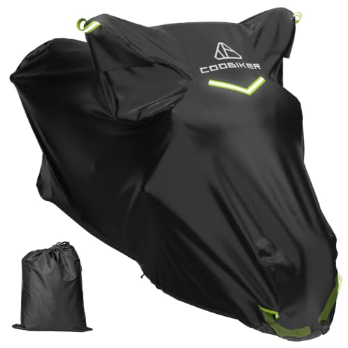 Motorcycle Cover 300D Waterproof Outdoor Night Reflective Breathable Vents All Season Rain Sun Dust Protection Universal Fit Powersports Vehicle Cover with Lock-Holes Fits up to 116" - size: 116"