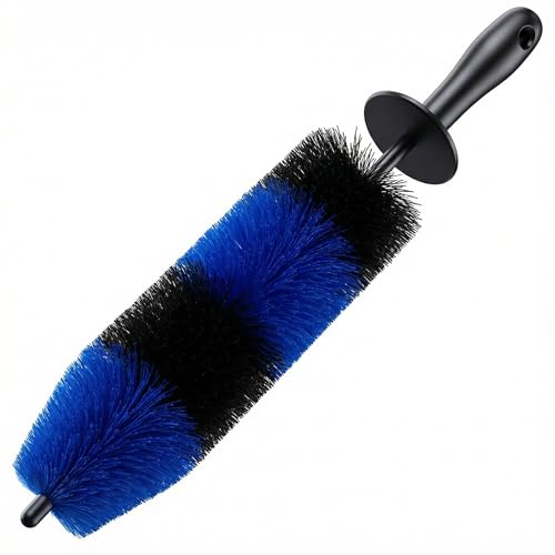 TAKAVU Master Wheel & Tire Brush, Easy Reach Wheel and Rim Detailing Brush Long Soft Bristle, Car Tire Brush, Wheel Scrub Brush, Multipurpose use for Wheels Rims Exhaust Tips Motorcycles (Blue) - color: Blue & Black