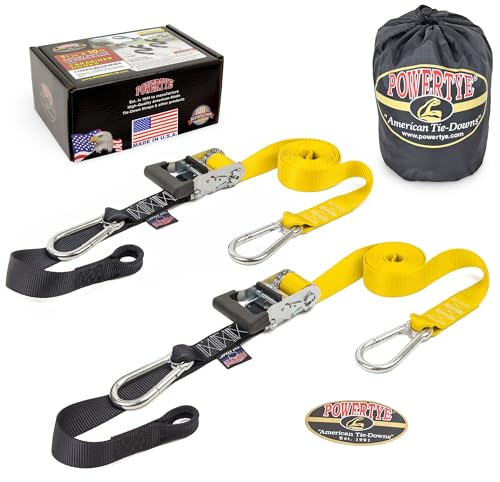Powertye 1.5in x 10ft Extra-Long Heavy Duty Ratchet Tie-Down Straps with Soft-Tye, Carabiner Hooks - 1,000 lb W.L.L. / 3,000 lb Break Strength - Made in USA - Yellow/Black Pair + Storage Bag - color: Yellow, size: 10 ft + Storage Bag