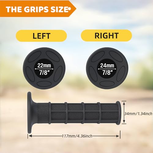 7/8" Dirt Bike Grips for CRF KX KLX YZ YZF RM 125 250 450,Anti-Slip Soft Rubber Handlebar Grips for Pit Bike, Motocross, Off-Road, Mini Bike, 22mm Left / 24mm Right,Black