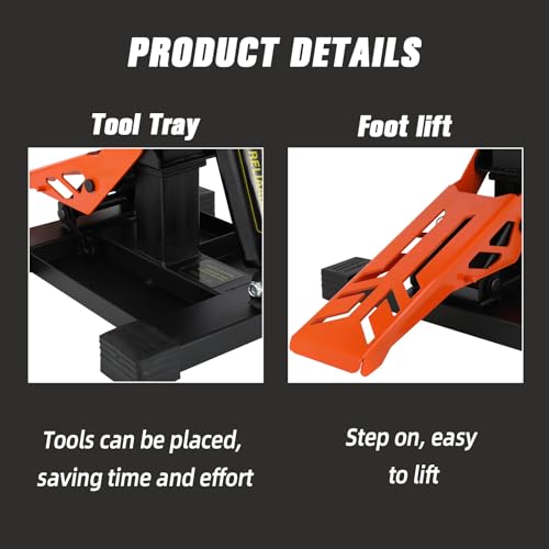 Motorcycle Lift Stand Dirt Bike Jack Stand 1000Lbs Capacity Hydraulic Lift Adjustable Height Hoist Table for Dirt Pit Bike Ebike Repair Maintenance KLX CRF Surron Talaria eRide Tuttio