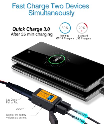Motorcycle USB Charger, Mroinge 6.8A SAE to USB Adapter Dual Port QC3.0/2.0 Fast Charge, with Voltmeter/Ammeter & ON/Off Switch & 10A Fuse, Perfect for Your Phone or Smart Device Charging - size: 6.8A @ QC3.0