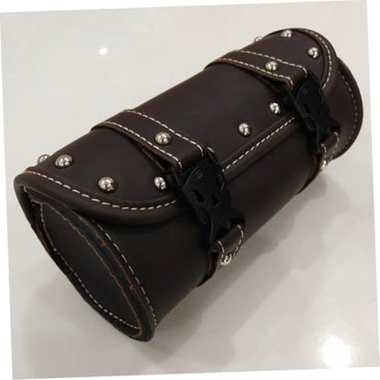 PU Leather Motorcycle Saddlebag with Two Mounting Straps Dark Brown Round Tool Bag for Motorcycles Side Storage Luggage Bag for Bikes