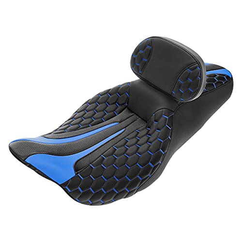 SLMOTO Rider Passenger Seat Driver Sissy Bar Backrest Pad Fit for Harley Touring Road King Street Glide Electra Glide Road Glide Hexagon Scorched 2014-2023 Blue Seat Cushion - color: Blue+Rider Backrest