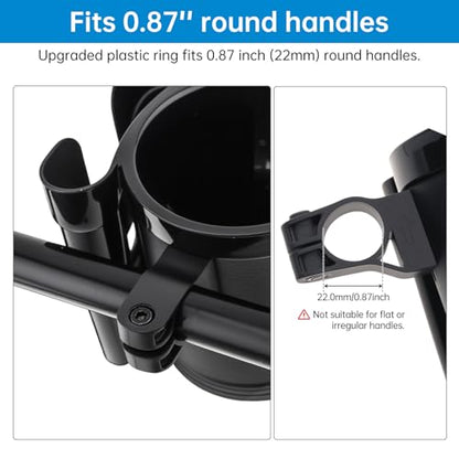 3-in-1 Bike Cup Holder with Cell Phone Keys Hook -Universal Water Bottle Holder for Walker/Wheelchair/Stroller/Scooter, Fits 0.87" Round Handlebar and 2.7" Cup Base,Black - color: black