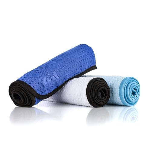 The Rag Company - Dry Me A River, Professional Korean 70/30 Blend Microfiber Waffle-Weave Drying & Detailing Towels, Soft Suede Edges, 390 GSM, 16x24 Inches, White, 3-Pack - color: White, size: 16in x 24in