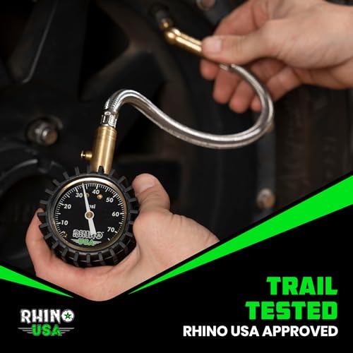 Rhino USA Heavy Duty Tire Pressure Gauge (0-75 PSI) - Certified ANSI B40.1 Accurate, Large 2" Easy Read Glow Dial, Premium Braided Hose, Solid Brass Hardware, Best for Any Car, Truck, Motorcycle, RV - size: 75 PSI Compact