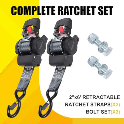 Ayaport Retractable Ratchet Straps 2 inch x 6ft, 2PK Bolt-on Tie Down Straps to Trailer - 3300lbs Break Strength, Transom Tie Downs for Boat, Motorcycles, Jet Ski - size: 2in x 6ft-2pcs