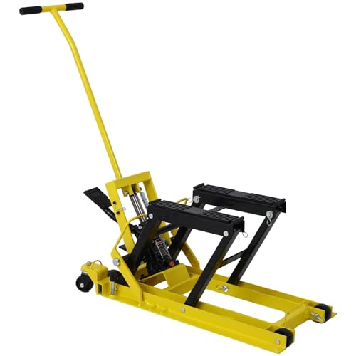 Hydraulic Motorcycle Lift Jack - 1500 Lbs Capacity, Portable ATV Scissor Lift Table with 4 Wheels, Foot-Operated Hoist Stand with Tie-Down, Yellow - color: Yellow