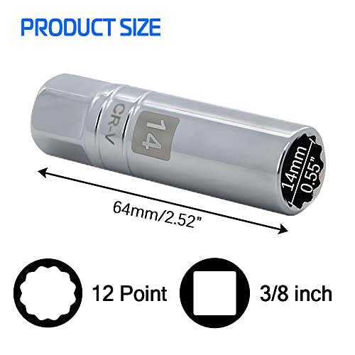 14mm Thin Wall Magnetic Spark Plug Socket 3/8 Inch Drive 12-Point Spark Plug Socket Compatible with Motorcycle, Car, SUV, BMW, Nissan, Mini, Mercedes - size: 14mm