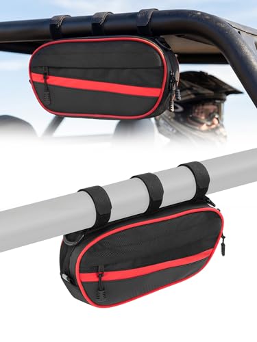 ZIDIYORUO UTV Roll Bar Grab Handle Storage Bag - 1680D Water-Resistant Roll Cage Organizers, 11"x5" Passenger Handle Pouches Fits Polaris RZR Can-Am Maverick, Also for Golf Cart Bike 1pc - color: Black bag with red stripe