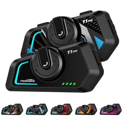 Fodsports T1 PRO Motorcycle Intercom V5.4 with Music Sharing, One-Click Switching for 4 Functional Modes, 6-Way Motorcycle Helmet Headset, FM/5 Stickers/Noise Cancellation/Stereo Music, 2 Pack - size: T1 PRO 2 Pack