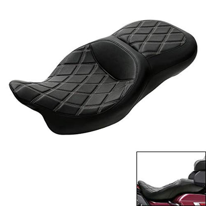 C.C. RIDER Driver Leather Passenger Seat - Fat Diamond 2-Up One-Piece Fit for Harley Touring Road King Street Glide Road Glide Electra Glide 2009-2023 - color: Grey with Coffee Stitches