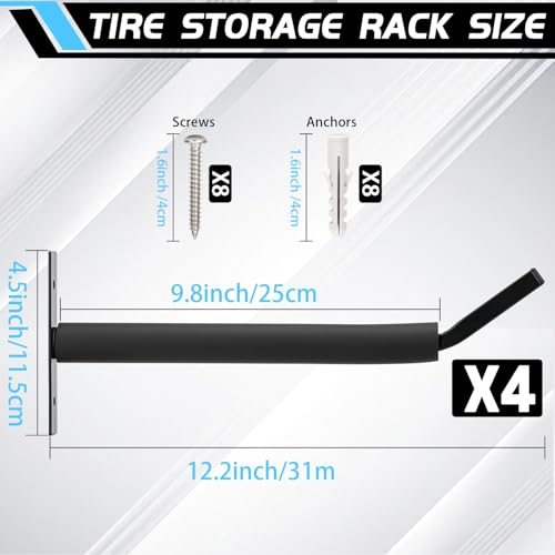 Heavy Duty Tire Rack Wall Mount, Garage Storage Hooks for Tire Storage, Folding Chair, Ladder, Bicycle, Garden Tools, 4 Pcs Black Iron Wall Mounted Organizer, 12 Inch - size: 12inch(‌⌀=0.9"), 4pcs