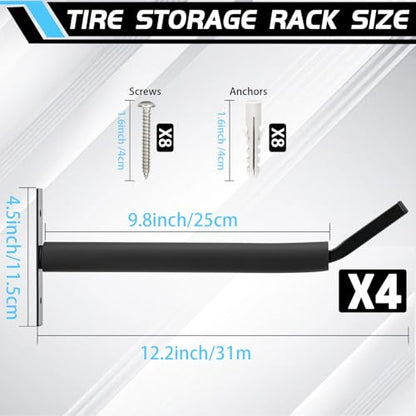 Heavy Duty Tire Rack Wall Mount, Garage Storage Hooks for Tire Storage, Folding Chair, Ladder, Bicycle, Garden Tools, 4 Pcs Black Iron Wall Mounted Organizer, 12 Inch - size: 12inch(‌⌀=0.9"), 4pcs
