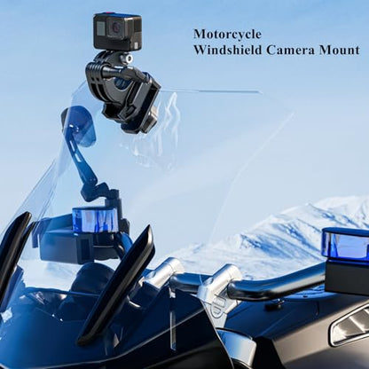 Kewig Motorcycle Windshield Camera Mount with Aluminum Alloy Clip Base, Compatible with GoPro/DJI OSMO/Insta360 Action Camera, Angle Adjustable, Quick-Release Design