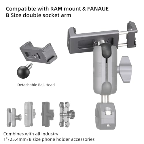 FANAUE Aluminum Phone Holder with 1" Ball Head Adapter Compatible with RAM mounts B Size Double Socket arm (CPC-08)